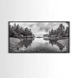 Forest Shoreline, Pebble Beach, Misty Inlet, Calm Waters, Canvas Print, natural modern art, neutral palette, living room wall decor