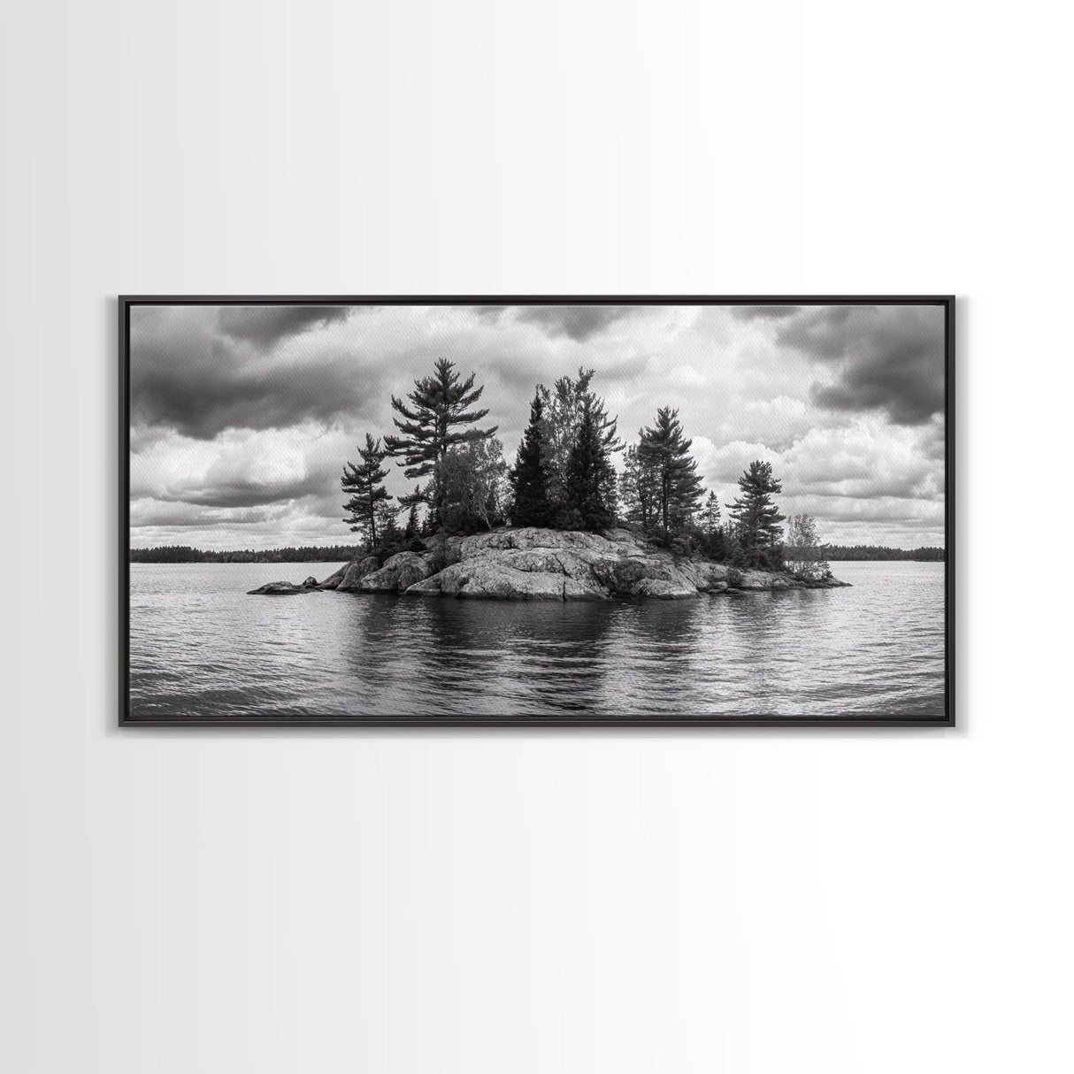 Lake Island, Pine Trees, Nature Panorama, Black and White Wilderness, Framed Canvas Print, Office Wall Art, Outdoor Inspired Decor