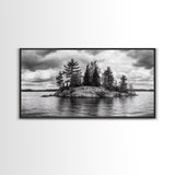 Lake Island, Pine Trees, Nature Panorama, Black and White Wilderness, Framed Canvas Print, Office Wall Art, Outdoor Inspired Decor