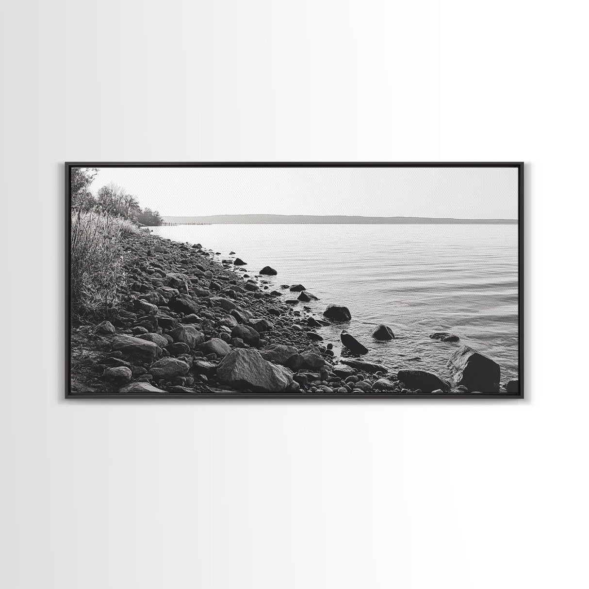 Shoreline Rocks, Quiet Water, Still Landscape, Coastal Photography, Canvas Print, Minimalist Office Art, Calm Nature Scene