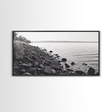 Shoreline Rocks, Quiet Water, Still Landscape, Coastal Photography, Canvas Print, Minimalist Office Art, Calm Nature Scene