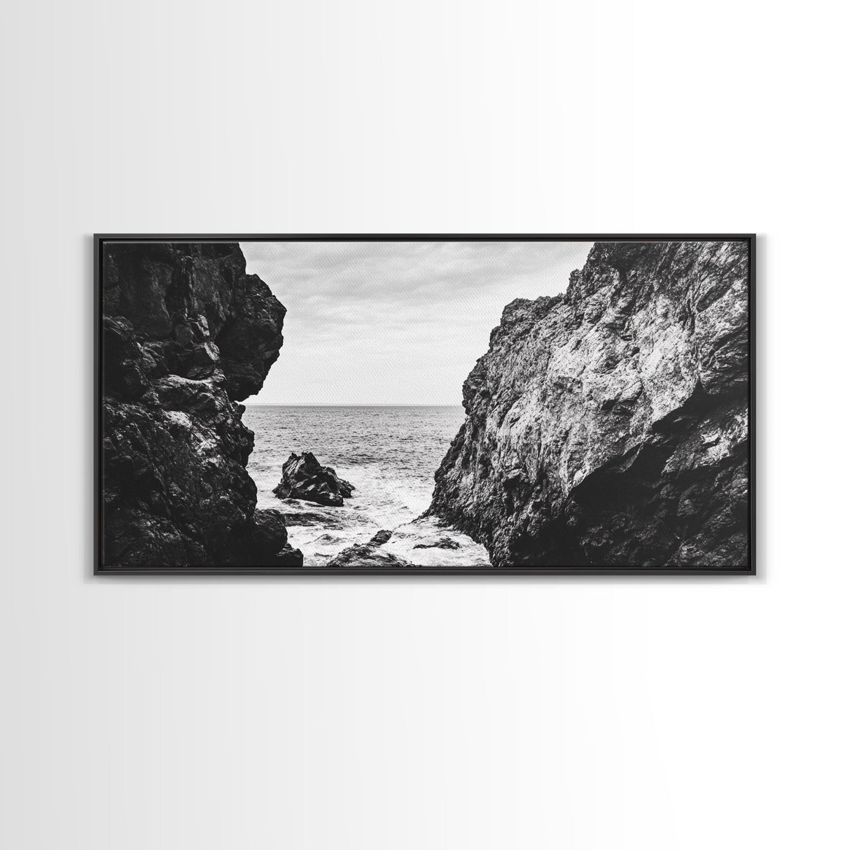 Rocky Coast View, Ocean Cliffs Art, Coastal Wilderness, Monochrome Seascape, Canvas Print, Bathroom Wall Art, Rustic Minimalist Style