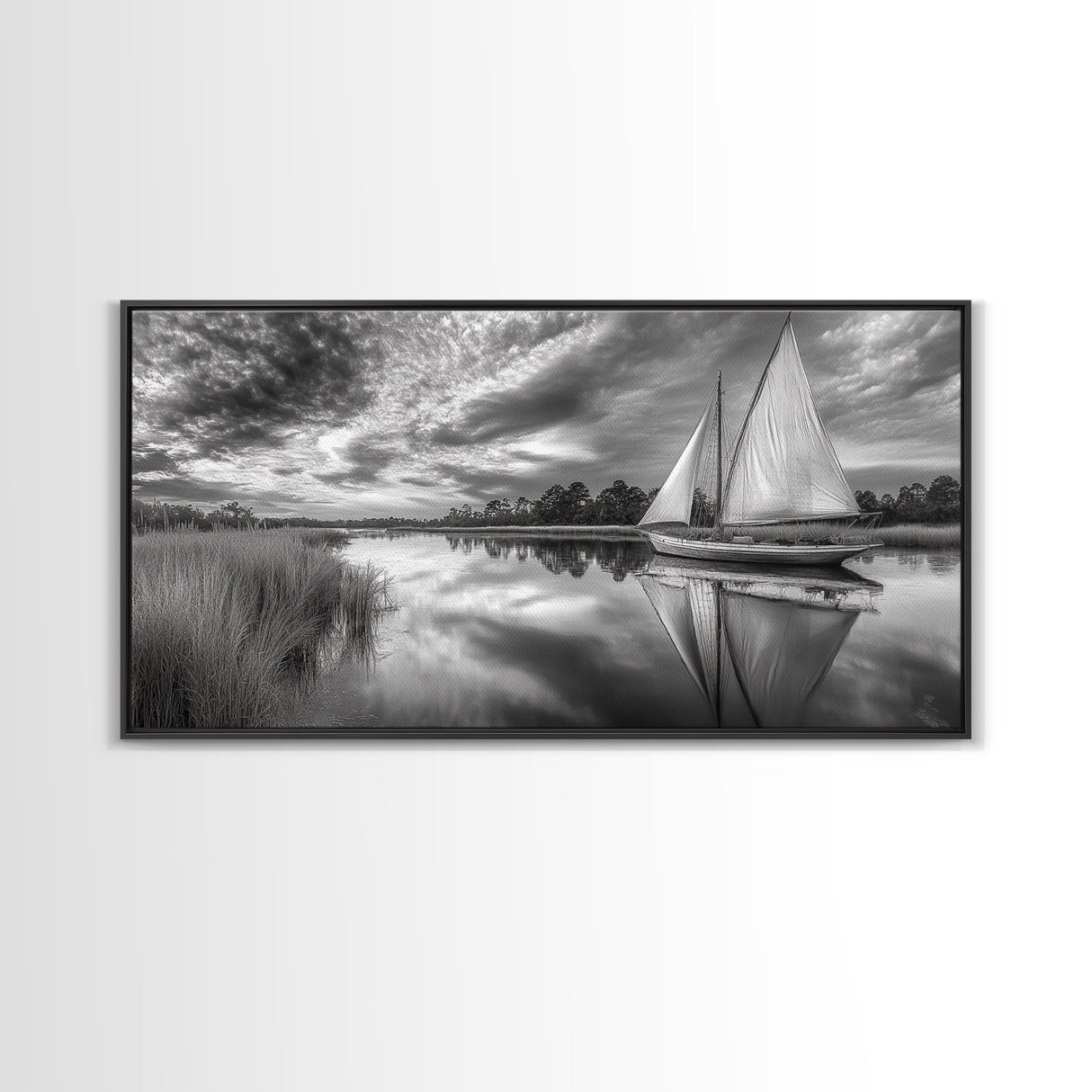 Sailboat Reflection, Tranquil River, Nautical Scene, Black White, Framed Canvas Print, Coastal Decor, Beach House Wall Art, Ocean Minimalism