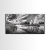 Sailboat Reflection, Tranquil River, Nautical Scene, Black White, Framed Canvas Print, Coastal Decor, Beach House Wall Art, Ocean Minimalism