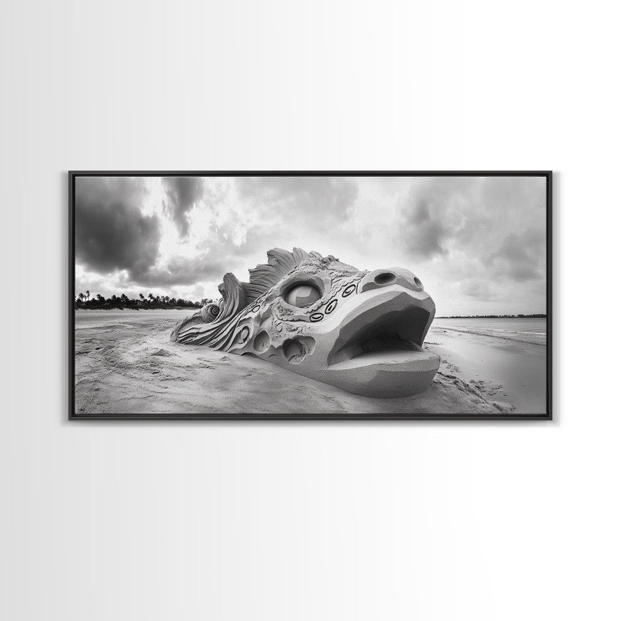 Dragon Head Sculpture, Beach Sand Art, Mythical Creature Decor, Fantasy Vibes, Framed Canvas Print, Game Room Wall Art, Office Wall Art