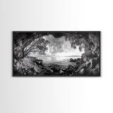 Ocean Cave View, Coastal Tree Framing, Tranquil Sea Scene, Nature Window Art, Framed Canvas Print, Bedroom Wall Art, Zen Decor