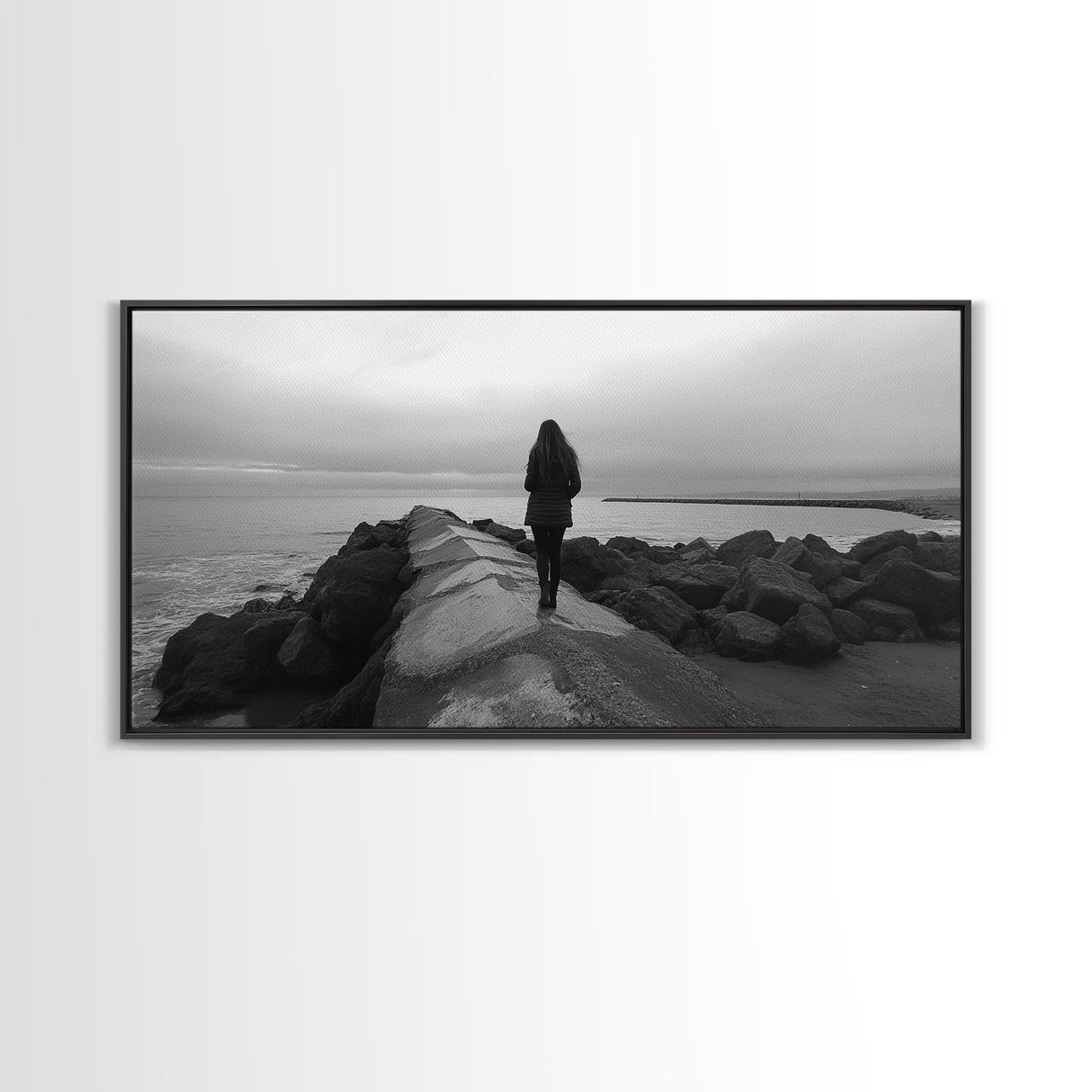 Woman Walking, Jetty View, Seaside Mood, Solitude Moment, Framed Canvas Print, Moody Wall Art, Bedroom Meditation Decor, Boho Decor