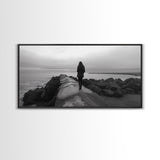 Woman Walking, Jetty View, Seaside Mood, Solitude Moment, Framed Canvas Print, Moody Wall Art, Bedroom Meditation Decor, Boho Decor