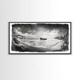 Shipwreck Beach Scene, Dramatic Coastline, Black and White Decor, Framed Canvas Print, Moody Art, Coastal Wall Art, Rustic Bedroom Print