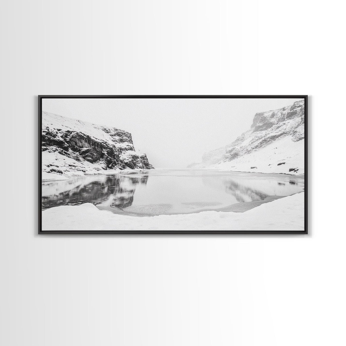 Snowy Cliff Reflection, Winter River Scene, Black and White Nature, Framed Canvas Print, Minimalist Wall Art, Neutral Winter Decor