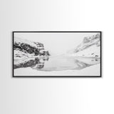 Snowy Cliff Reflection, Winter River Scene, Black and White Nature, Framed Canvas Print, Minimalist Wall Art, Neutral Winter Decor