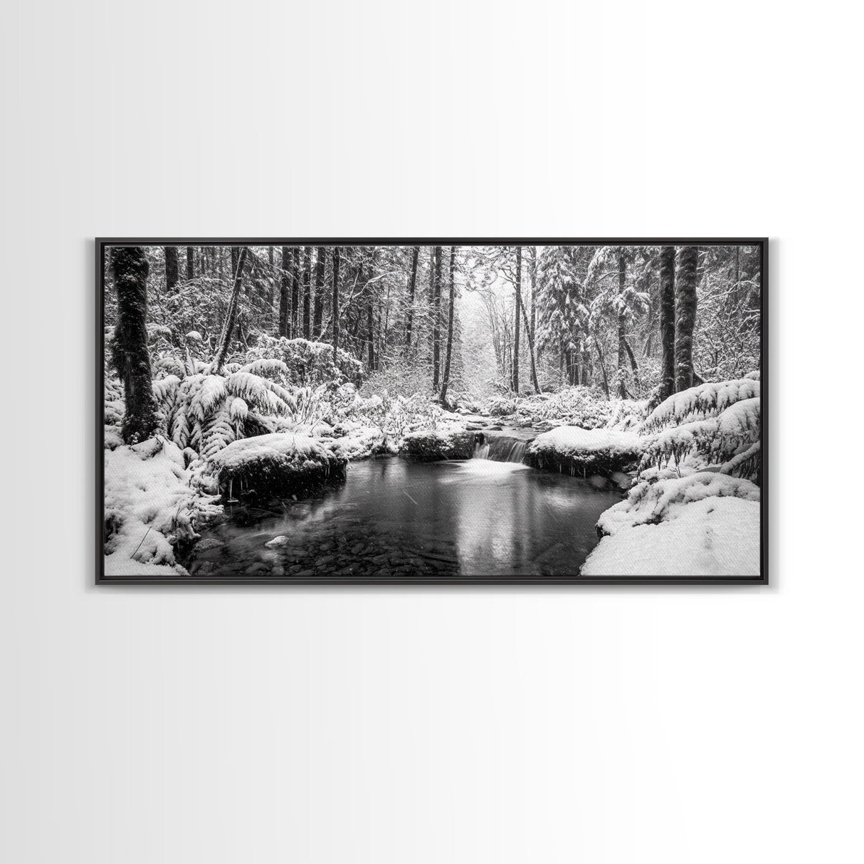 Winter Forest Creek, Snow Covered Trees, Black and White Tranquil Art, Canvas Print, Holiday Wall Art, Nature Lover Gift, Cozy Vibe