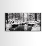 Winter Forest Creek, Snow Covered Trees, Black and White Tranquil Art, Canvas Print, Holiday Wall Art, Nature Lover Gift, Cozy Vibe