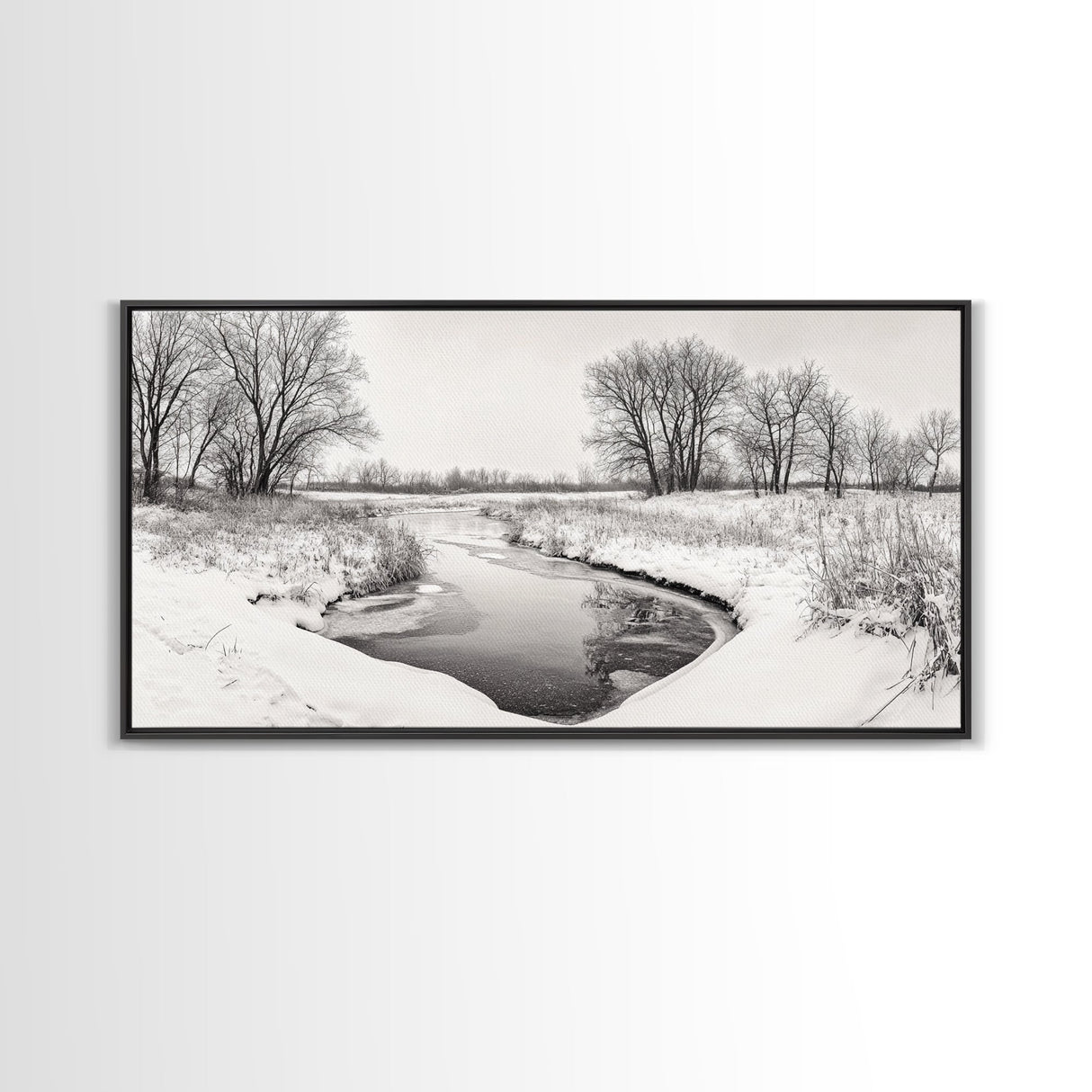 Frozen Stream Scene, Bare Trees Landscape, Black and White Nature Decor, Canvas Print, Winter Wall Art, Neutral Bedroom Accent