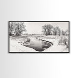 Frozen Stream Scene, Bare Trees Landscape, Black and White Nature Decor, Canvas Print, Winter Wall Art, Neutral Bedroom Accent