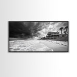 Stormy Beach House, Coastal Decor, Monochrome Photography, Beachfront Scene, Canvas Print, Moody Ocean Wall Art, Bedroom Coastal Wall Decor