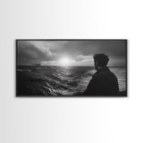 Man Watching Sea, Stormy Ocean View, Emotional Scene, Canvas Print, Moody Coastal Decor, Office Wall Art, Nautical Monochrome Style