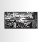 Driftwood Coastline, Rocky Beach Sunset, Nature Wall Art, Framed Canvas Print, Rustic Lake House Decor, Fall Coastal Aesthetic