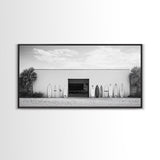 Surfboards, Beach Garage, Modern Coastal, Ocean Style, Framed Canvas Print, surf shack decor, teen room wall art, minimalist beach art