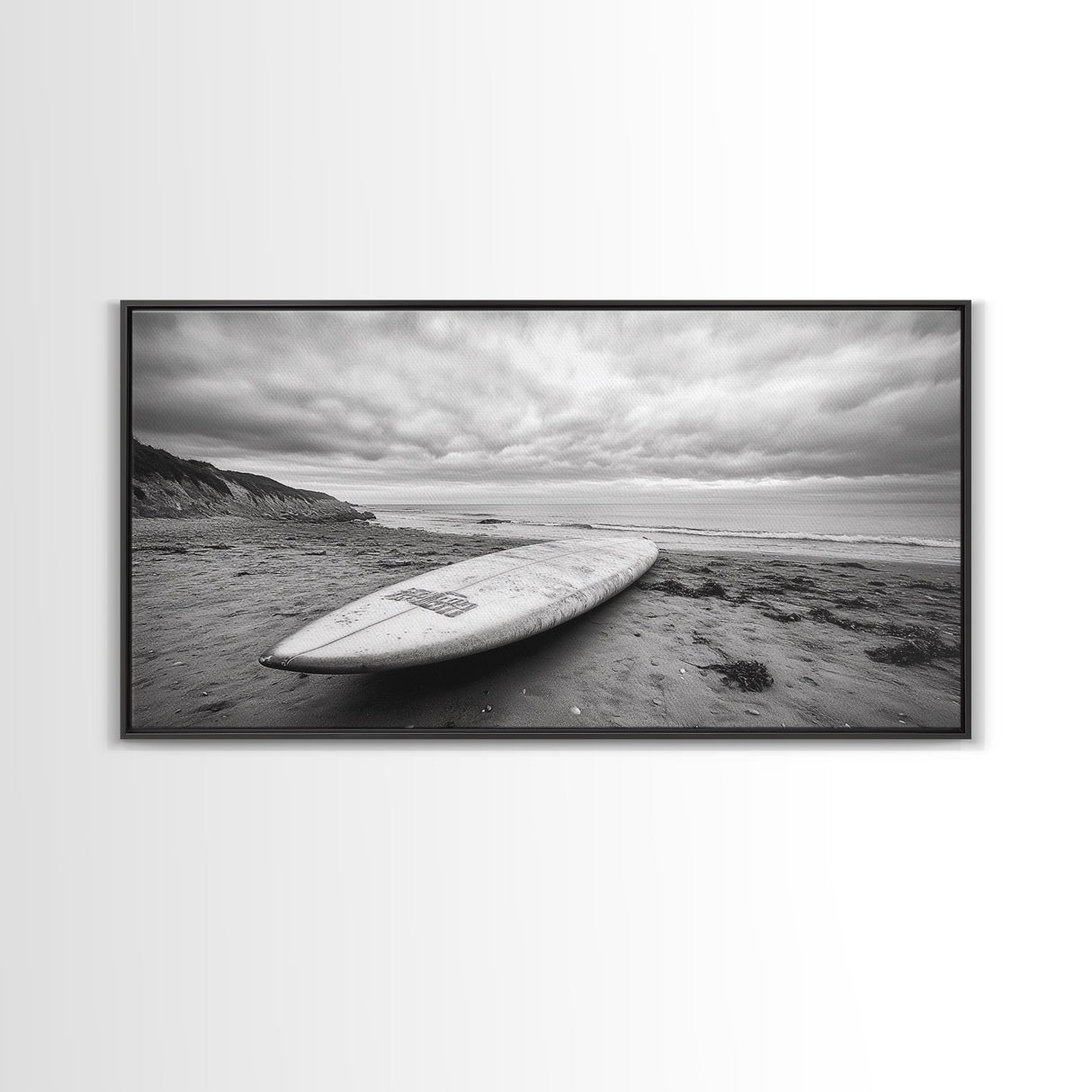Surfboard, Coastal Shore, Serene Beach, Cloudy Sky, Framed Canvas Print, surfer room decor, rustic beach wall art, neutral home style