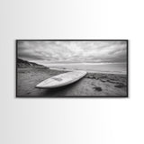 Surfboard, Coastal Shore, Serene Beach, Cloudy Sky, Framed Canvas Print, surfer room decor, rustic beach wall art, neutral home style