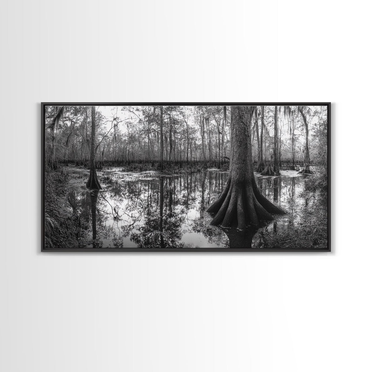 Swamp Trees, Cypress Water, Nature Reflections, Marsh Scene, Framed Canvas Print, rustic cabin decor, hallway wall art, forest wall print