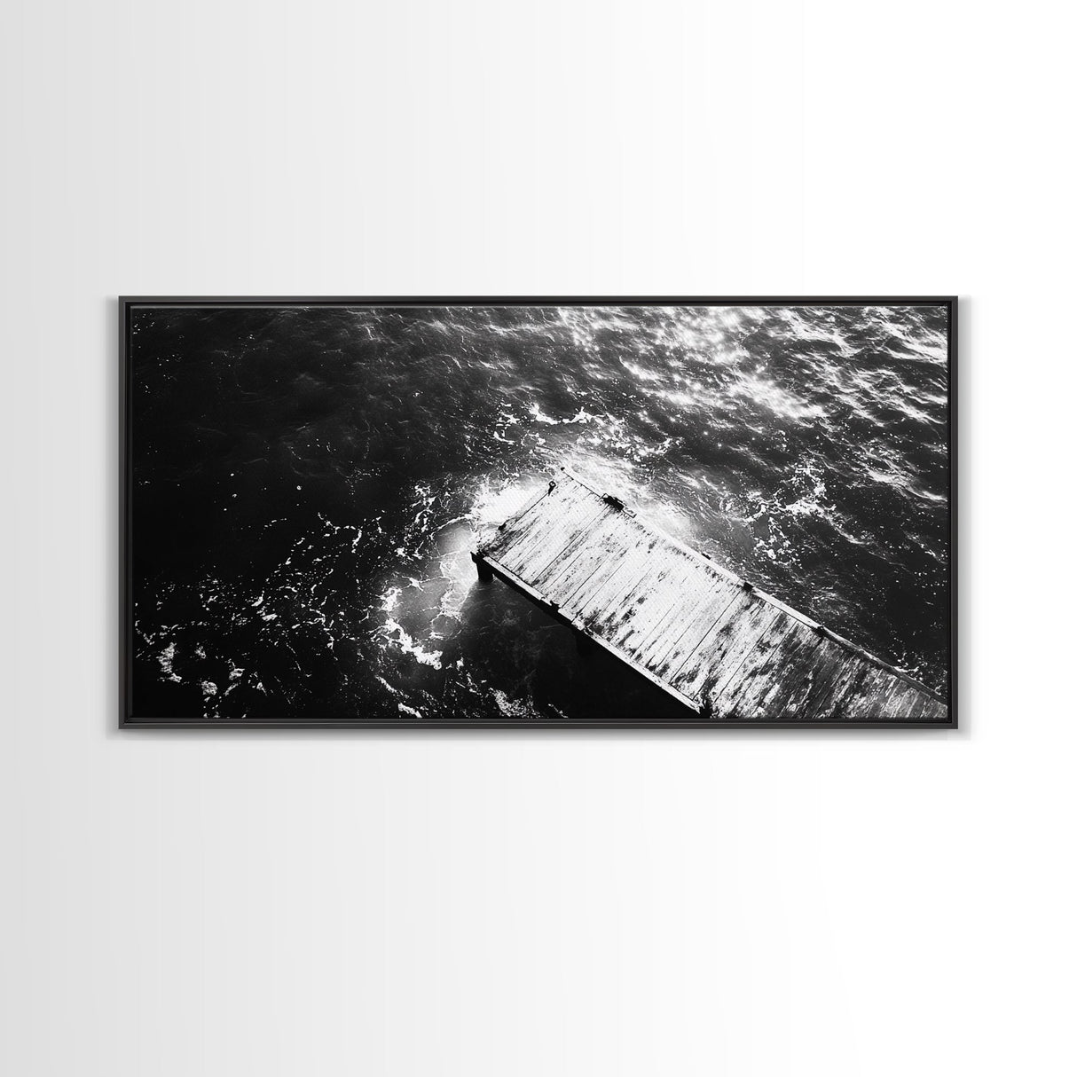 Weathered Dock, Water Reflections, Ocean Edge, Moody Texture, Framed Canvas Print, masculine office decor, minimalist lakehouse art