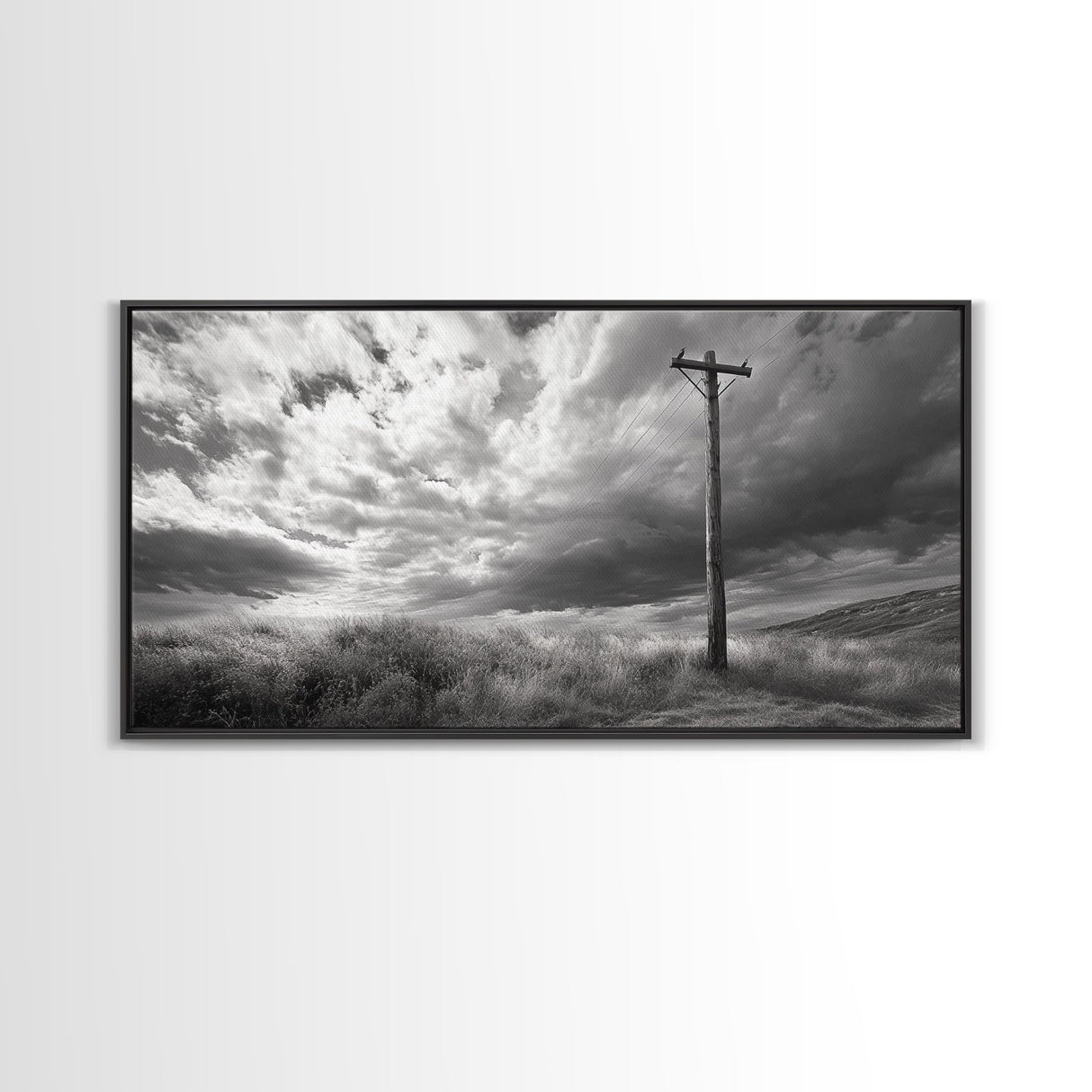 Power Pole, Rural Landscape, Stormy Sky, Country Calm, Framed Canvas Print, farmhouse entryway wall art, rustic black and white print