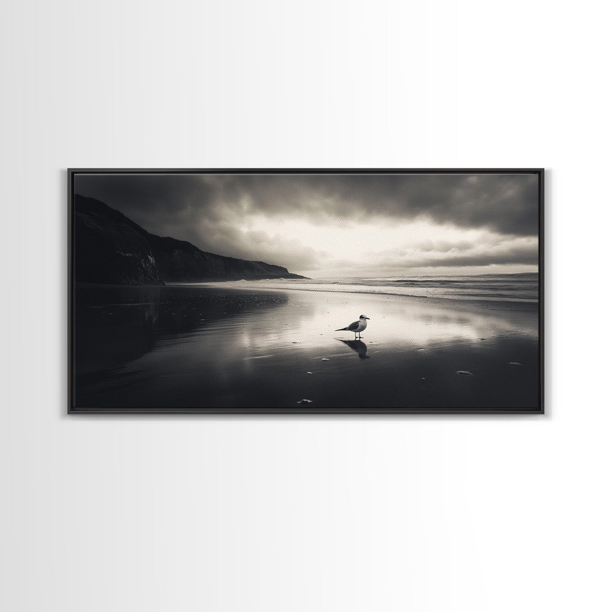 Seagull, Stormy Beach, Reflective Shore, Moody Sky, Framed Canvas Print, coastal bedroom decor, peaceful nature art, minimalist seascape