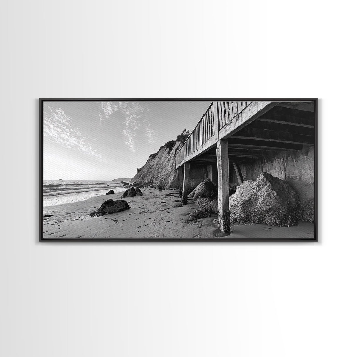 Coastal Cliff View, Seaside Escape, Beachside Structure, Framed Canvas Print, Rustic Wall Art, Modern Coastal Living Room Decor
