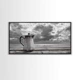 Seaside Coffee Pot, Oceanfront Still Life, Rustic Morning, Framed Canvas Print, Nautical Wall Art, Beach Kitchen Decor, Moody Nature Art