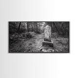 Forest Trail, Stone Marker, Ancient Symbol, Misty Pathway, Framed Canvas Print, cabin decor, woodland art, Autumn wall print, rustic charm