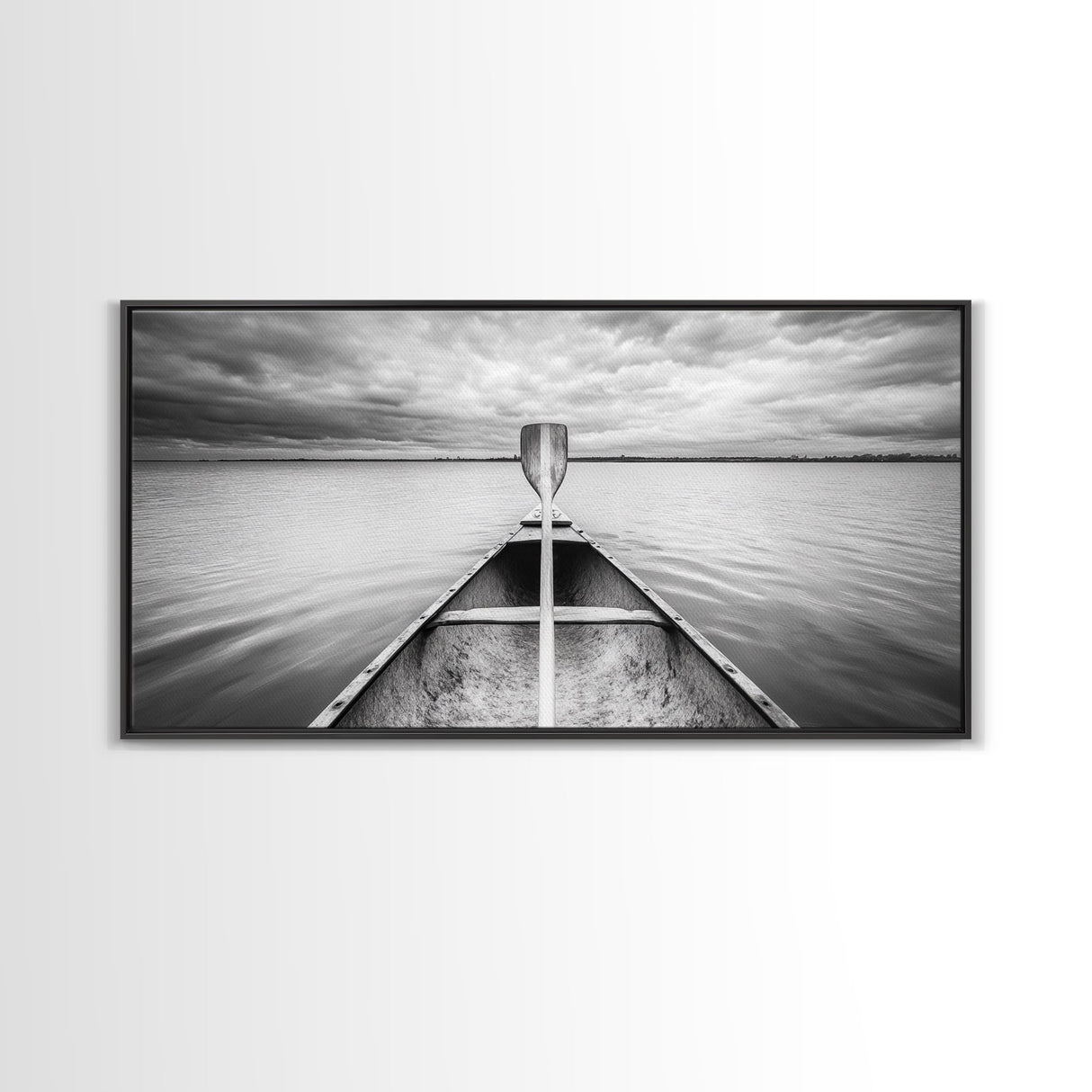 Canoe Lake, Adventure Paddle, Calm Waters, Cloudy Sky, Framed Canvas Print, Minimalist Art, Office Wall Decor, Nature Lover Style