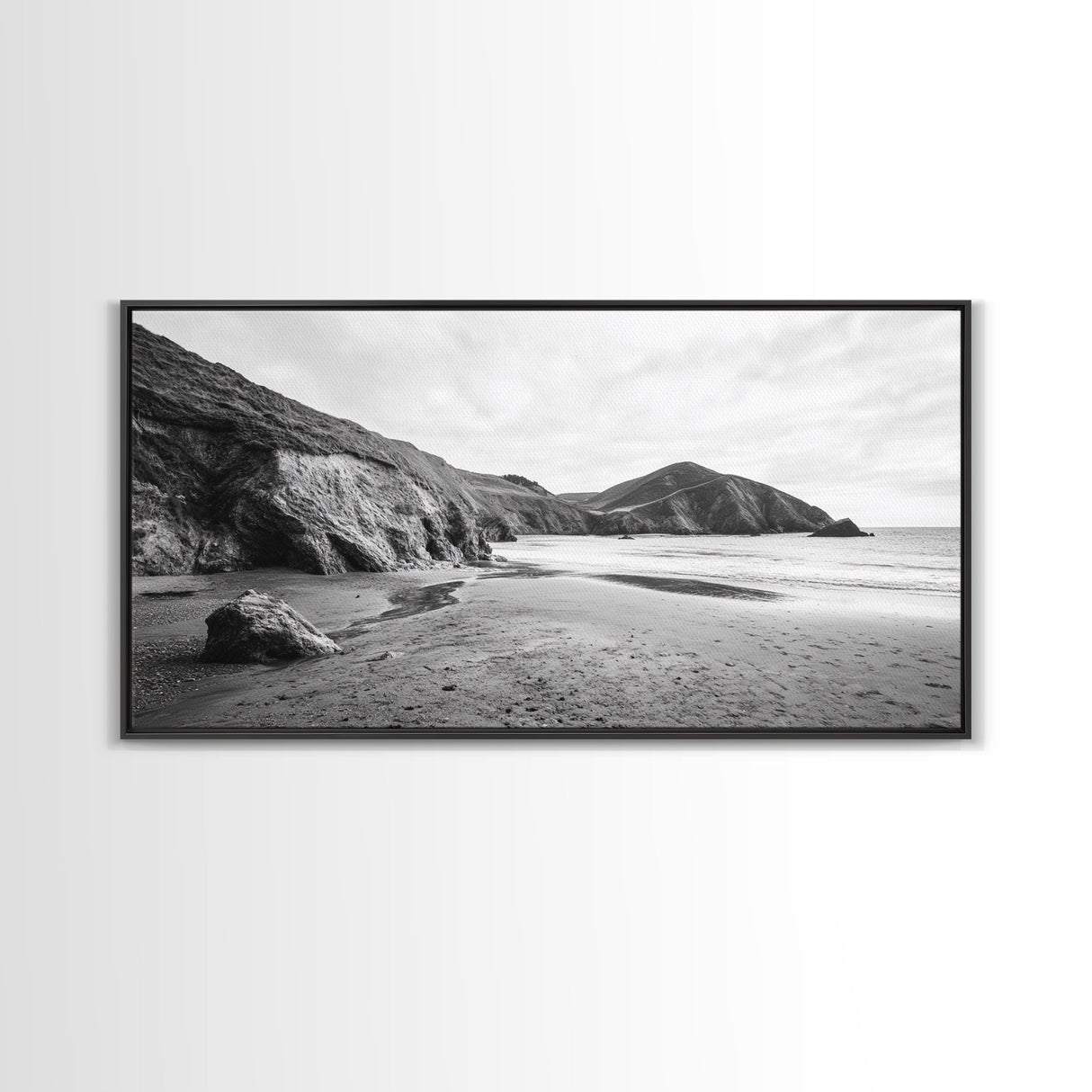 Coastal Cliffs, Ocean Shore, Scenic Beach, Framed Canvas Print, Nature Photography, Bathroom Wall Art, Neutral Tones, Coastal Home Decor