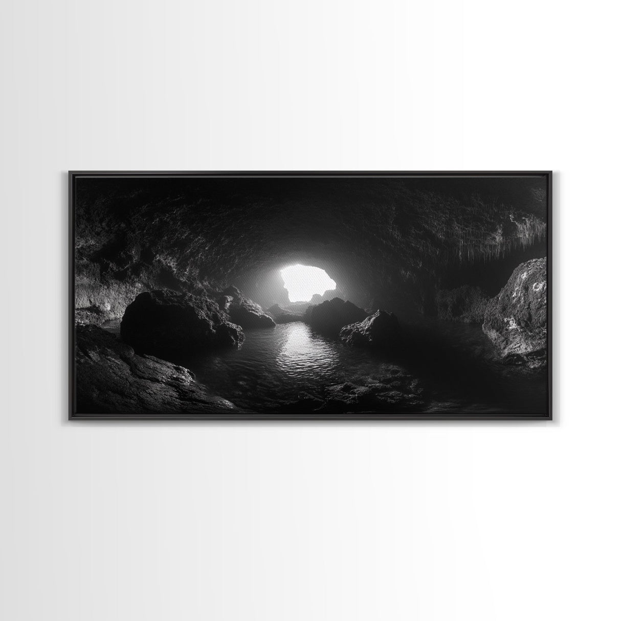 Sea Cave, Dark Ocean Cave, Natural Light Glow, Framed Canvas Print, Moody Nature Art, Living Room Wall Art, Monochrome Coastal Print