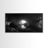 Sea Cave, Dark Ocean Cave, Natural Light Glow, Framed Canvas Print, Moody Nature Art, Living Room Wall Art, Monochrome Coastal Print