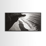 Shoreline Light, Coastal Waves, Cliff Shadow, Beach Edge, Framed Canvas Print, Ocean Minimalist Art, Bathroom Wall Decor