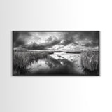 Stormy Marsh, Cloudy Sky, River Reflection, Framed Canvas Print, Nature Wall Art, Moody Landscape, Autumn Decor, Office Or Study Artwork