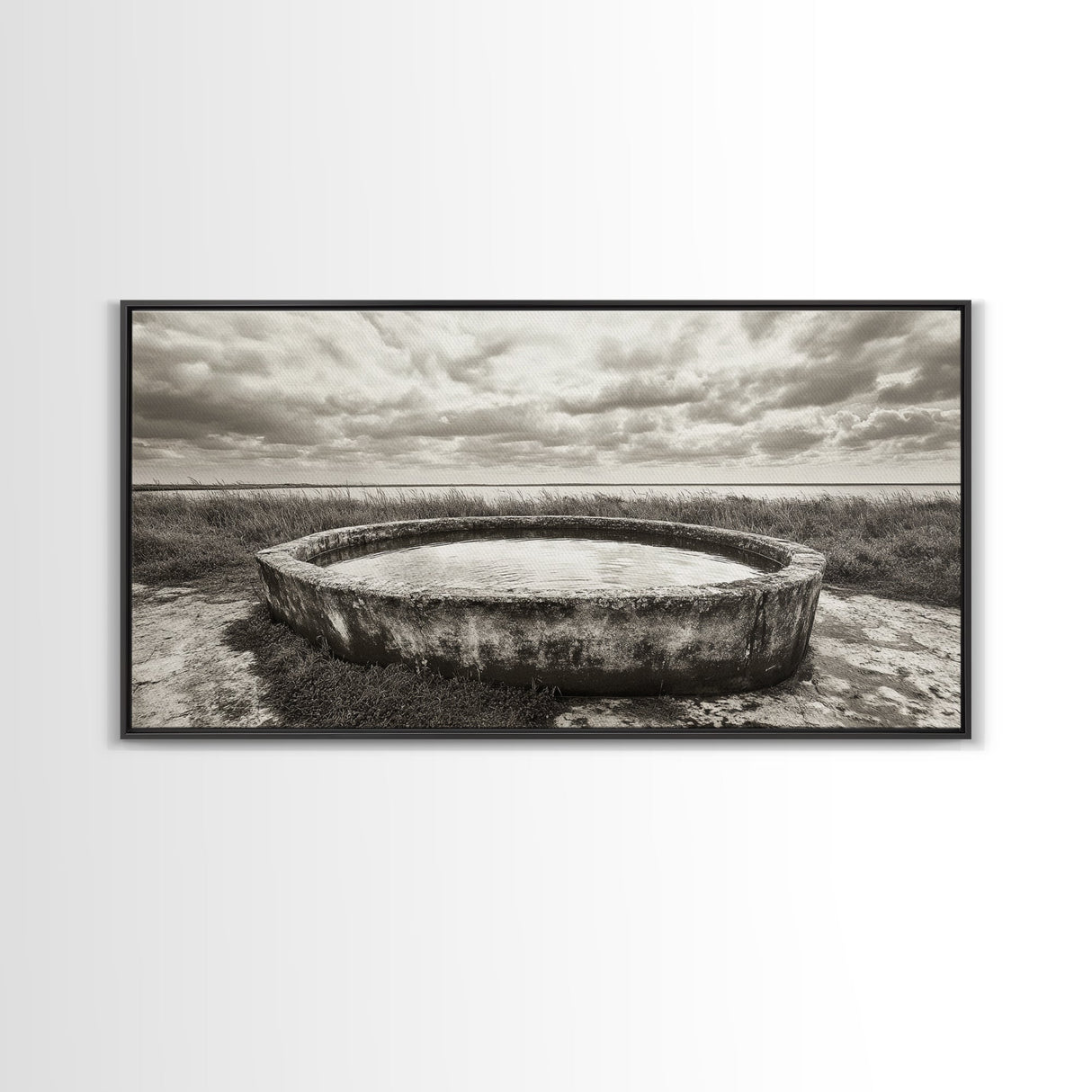 Water Trough, Overcast Skies, Ocean Breeze, Framed Canvas Print, Country Rustic Wall Art, Sepia Toned Fall Decor, Entryway Or Den Art