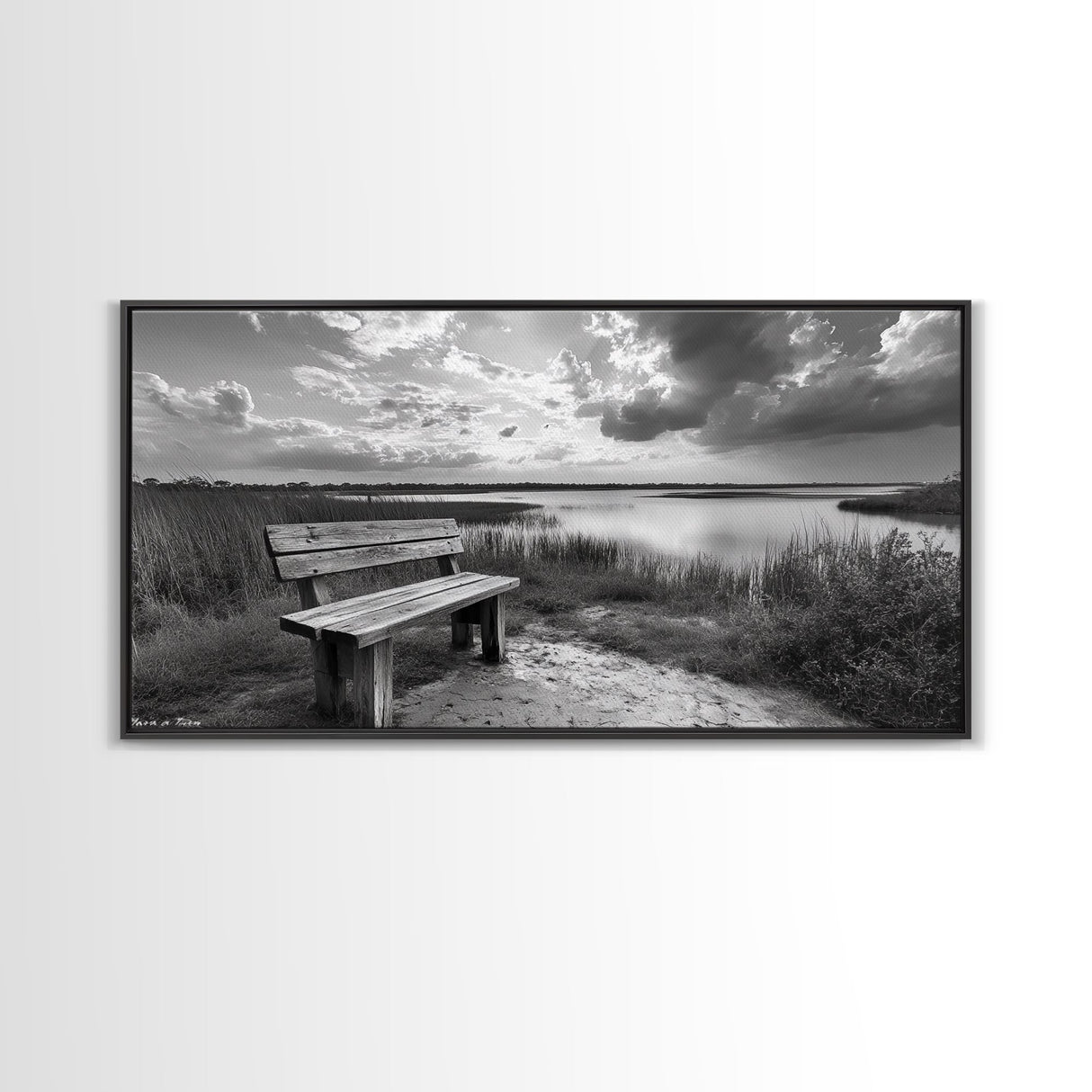 Lakeside Bench, Calm Waters, Sunset View, Canvas Print, Tranquil Nature Photography, Living Room Wall Art, Serene Outdoor Fall Landscape