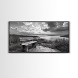 Lakeside Bench, Calm Waters, Sunset View, Canvas Print, Tranquil Nature Photography, Living Room Wall Art, Serene Outdoor Fall Landscape