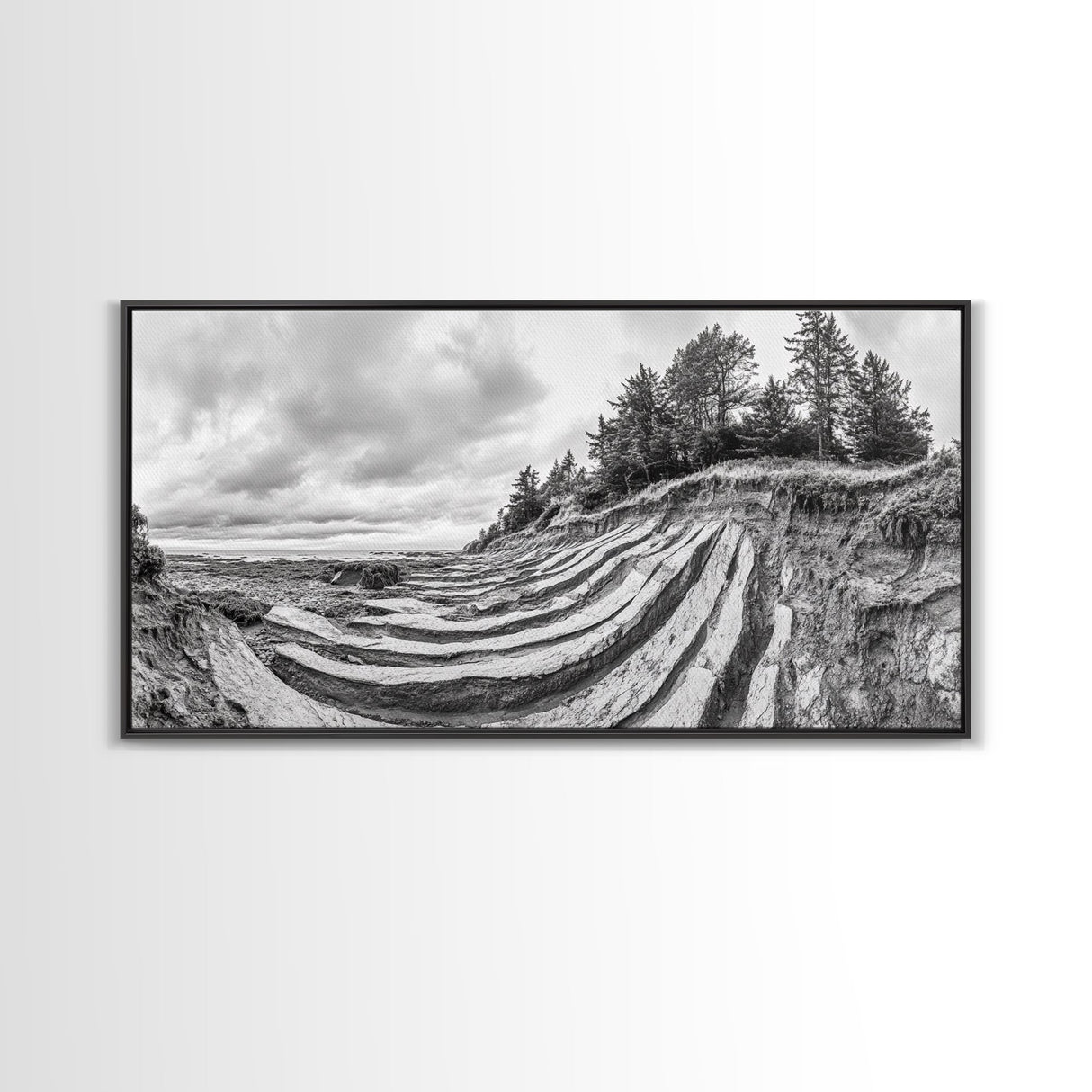 Striped Cliffs, Coastal Layers, Forest Edge, Earth Patterns, Framed Canvas Print, Nature Abstract Art, Bedroom Wall Decor