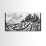 Striped Cliffs, Coastal Layers, Forest Edge, Earth Patterns, Framed Canvas Print, Nature Abstract Art, Bedroom Wall Decor