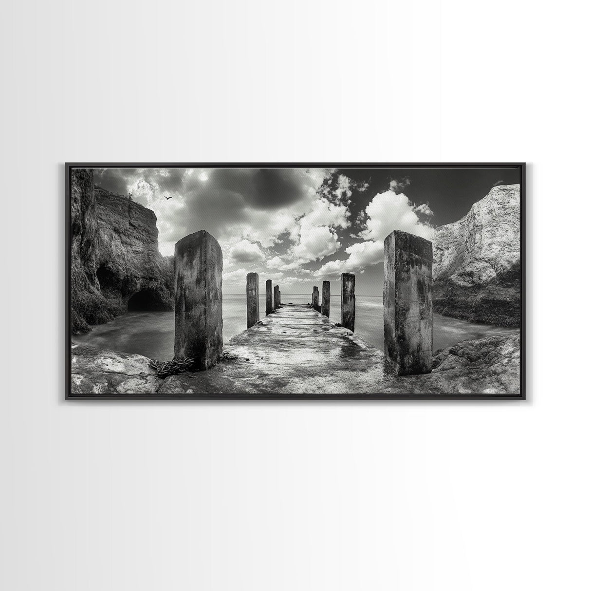 Ocean Pier, Seaside Dock, Crashing Waves, Canvas Print, Dramatic Coastal Wall Art, Black And White Decor, Bathroom Or Hallway Photography