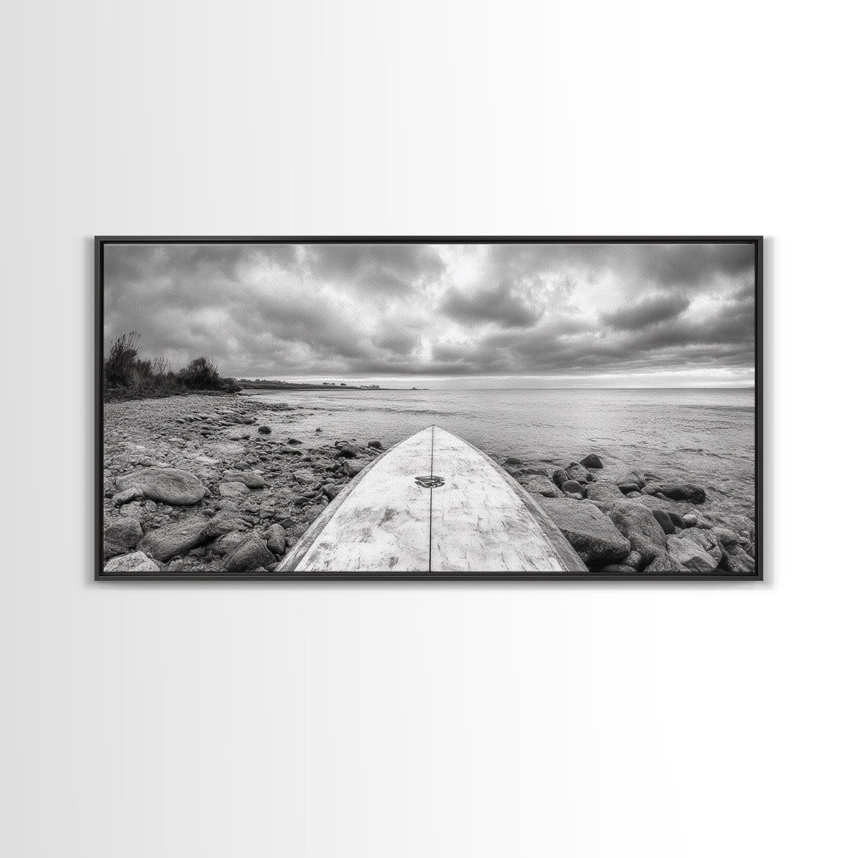 Surfboard, Rocky Shore, Cloudy Sea, Coastal Adventure, Beach Aesthetic, Canvas Print, Minimalist Ocean Art, Nautical Wall Decor, Bathroom Wall Art