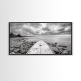 Surfboard, Rocky Shore, Cloudy Sea, Coastal Adventure, Beach Aesthetic, Canvas Print, Minimalist Ocean Art, Nautical Wall Decor, Bathroom Wall Art