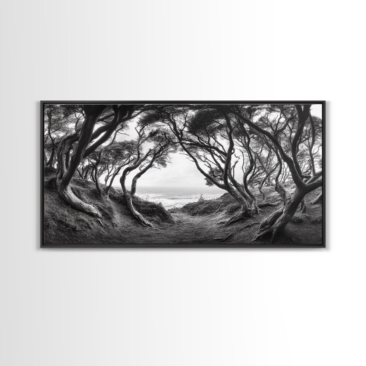Coastal Trees, Windswept Forest, Ocean View, Framed Canvas Print, Boho Wall Art, Living Room Art, Nature Wall Decor, Monochrome Landscape