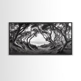 Coastal Trees, Windswept Forest, Ocean View, Framed Canvas Print, Boho Wall Art, Living Room Art, Nature Wall Decor, Monochrome Landscape