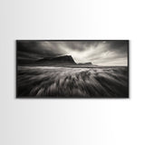 Grassy Plains, Stormy Sky, Dramatic Mountain, Monochrome Field, Canvas Print, Modern Minimalist Art, Office Wall Decor, Moody Wall Art