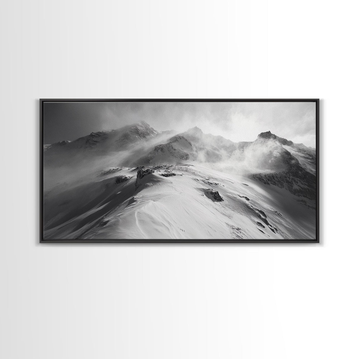 Snowy Peak, Windy Mountain, Winter Landscape, Framed Canvas Print, Black and White Art, Cabin Wall Decor, Moody Alpine Art, Rustic Wall Art